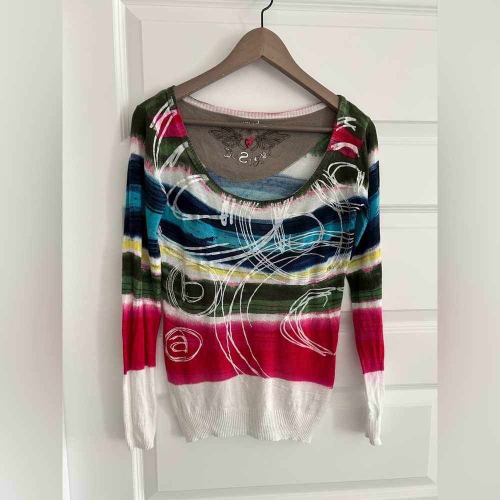 Desigual Scoop Neck Sweater White Blue Multi Size XS US, S EU